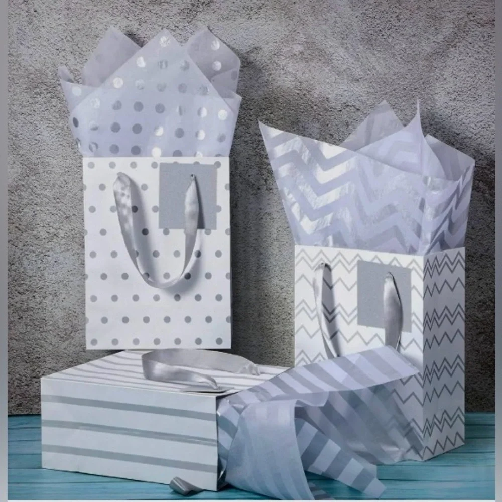 Silver & White Gift Bag Set - Set of 22 Bags with matching tissue paper!!
